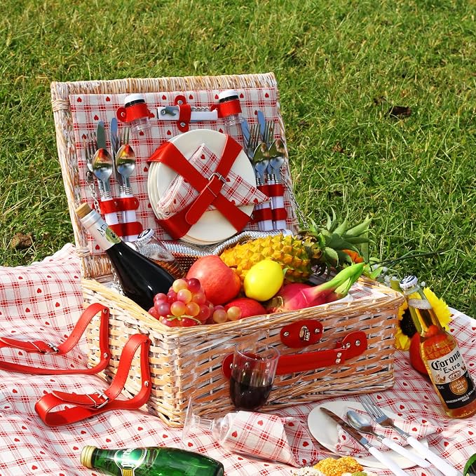 Picnic Basket Set for 4 with Waterproof Blanket Mat Insulation Bag Wicker Floral Pink Red Love Plaid Cute Kawaii Gift for Wedding Birthday Summer Camp Outdoor Camping Beach Travel Christmas - Image 2