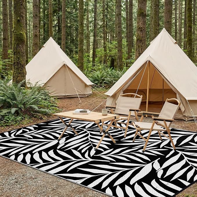 Smiry Outdoor Rug 9x12 ft, Waterproof Reversible Plastic Straw Rugs, Outdoor Area Rug with Leaf Pattern, Outside Floor Mat for Patio, Backyard, Deck, Picnic, Beach, Camping, Black & White - Image 7
