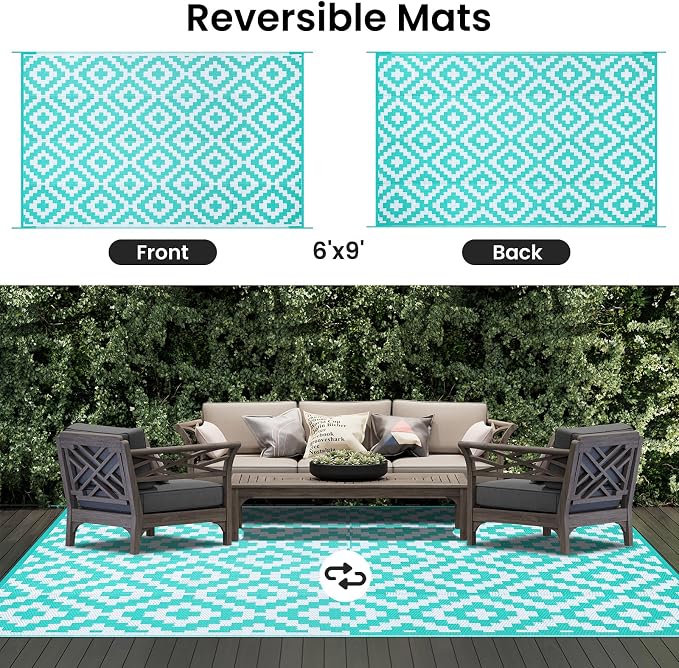 Smiry Waterproof Outdoor Rug 6x9 ft, Reversible Plastic Straw Patio Camping Rugs, Outdoor Indoor RV Mat Carpet for Patio, Outside Entry, Backyard, Deck, Bench, Picnic, Camper, White & Teal - Image 3