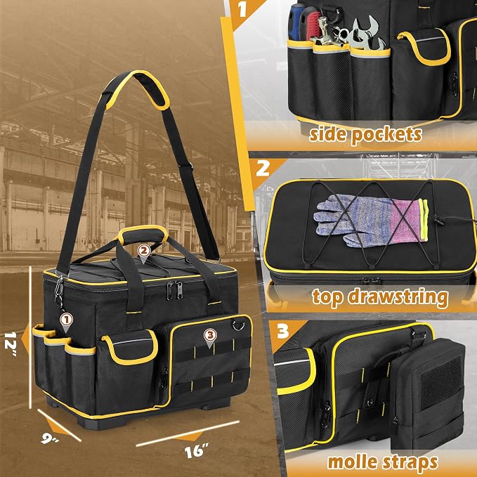 Marscamd 16-inch Tool Bag with Hard Bottom and a Detachable Divider | Heavy Duty Tool Tote with Multiple Pockets & Detachable Shoulder Strap, Black - Image 5