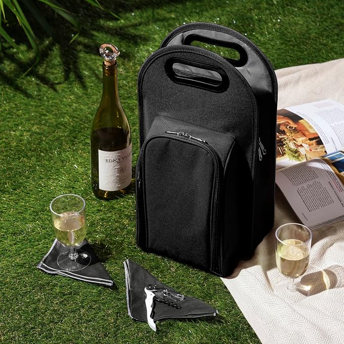 True Metro Insulated Wine Tote with Pockets, Wine Bottle Carrier and Picnic accessory set, wine glasses set of 2, Napkins, Corkscrew, and Bottle stopper, Black, Set of 1 - Image 5