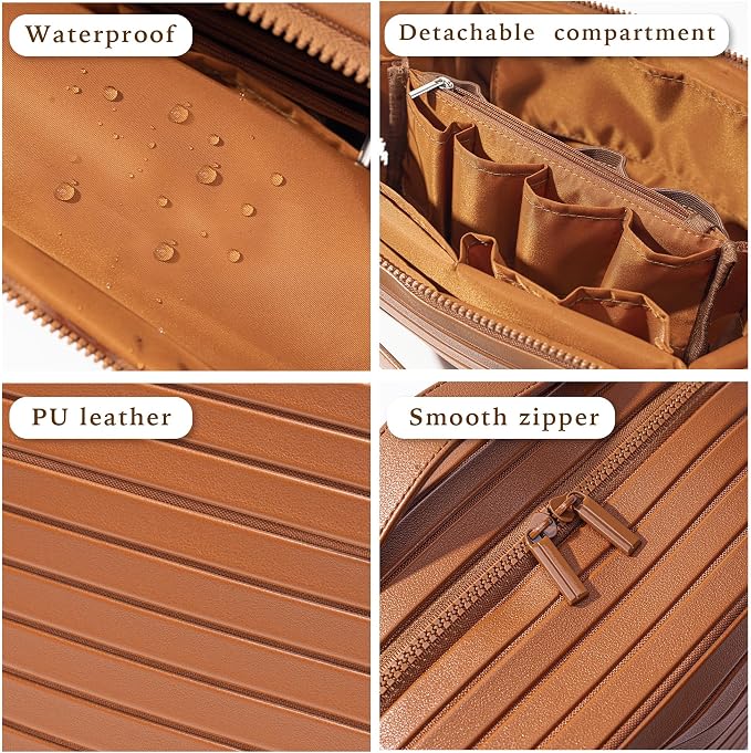 Minoisome Travel Makeup Bag,PU leather toiletry bag,make up organizer case for women,Large Capacity Cosmetic Bag,Wide-open Pouch Purse，Toiletries Accessories，Fold-Down Design and Adjustable Dividers. - Image 6