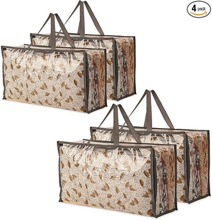 Kuber Industries (Pack of 4) Waterproof Storage Bags for Clothes | Wardrobe Organizer | Transparent Travel Organizer Bag with Handle | Large | Grey by Kuber+Industries