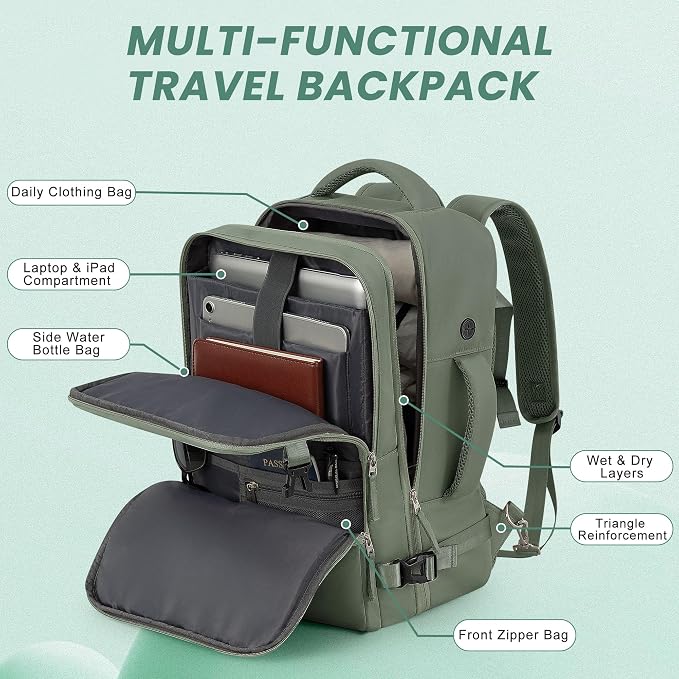 Sinaliy Travel Backpack, TSA Carry on Flight Approved Backpack | Waterproof 17.3 Inch Laptop Backpack with Multi-Pockets, Personal Item Travel Bag for Work, College, Business, Olive Green - Image 4