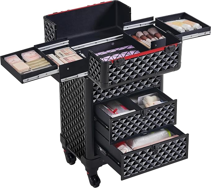 Yaheetech Rolling Makeup Train Case with 2 Drawers Nail Cart Beauty Trolley | Sturdy ABS & aluminum tattoo cart organizes cosmetic supplies in side trays & 2 drawers, rolls smoothly & lockable for travel - Image 6