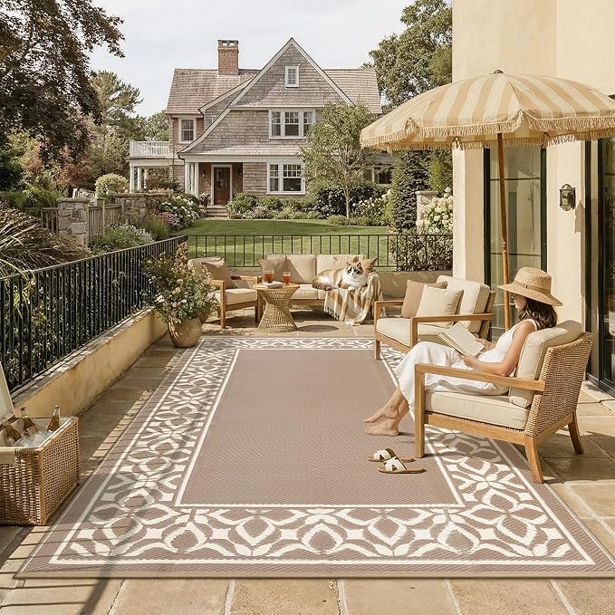 PureCozy Outdoor Plastic Straw Rug Beige Brown Large Outside Waterproof Outdoor Patio 9x12 Carpet Geometric Reversible Mat Modern for Camping RV Porch Deck Balcony Beach by PureCozy