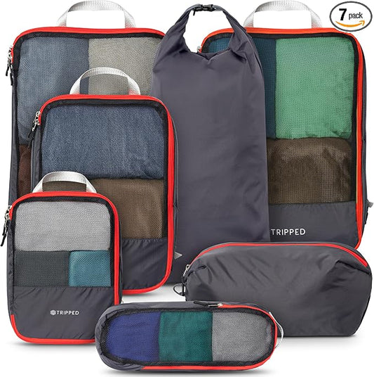 Large Compression Packing Cubes for Travel-Packing Cube Luggage Organizers 7 Piece Set for Checked Luggage-Ultralight, Expandable/Compression Bags by TRIPPED Travel Gear (Grey and Orange Mesh) by TRIPPEDTravelGear