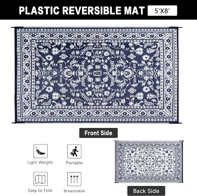 PureCozy Outdoor Waterproof 9x12 Plastic Straw Patio Rug Navy Blue Reversible for Outside Vintage Oriental Carpet Lightweight Large Rug for RV Deck Beach Balcony Picnic Backyard Entry Porch - Image 7