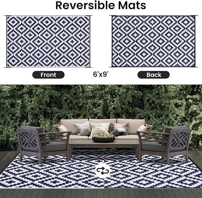 Smiry Waterproof Outdoor Rug 6x9 ft, Reversible Plastic Straw Patio Camping Rugs, Outdoor Indoor RV Mat Carpet for Patio, Outside Entry, Backyard, Deck, Bench, Picnic, Camper, White & Navy - Image 3