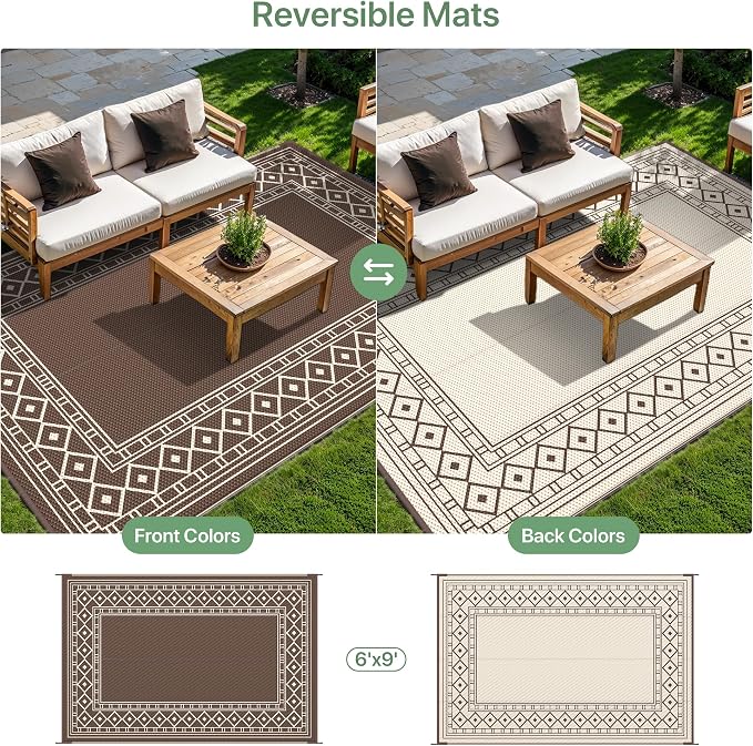 GENIMO Outdoor Rug, Waterproof Plastic Rugs for Patio, 6'x9' Coffee Beige | Outside Larger Modern Carpet Mat for Porch Decor, Deck, Balcony, Camping, RV, Backyard, Picnic, Beach, Reversible - Image 4