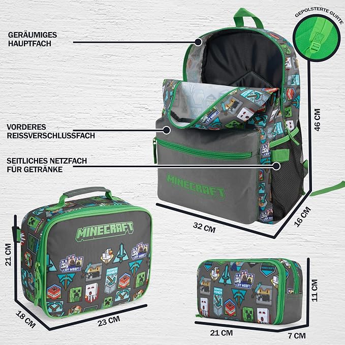 Get Trend Minecraft Kids Backpack Set for Boys with Insulated Lunch Bag & Pencil Case, 3 Pc Book Bag with Padded Straps for School, Travel, Creeper Gamer Gifts for Boys (Grey/Green Minecraft) - Image 2