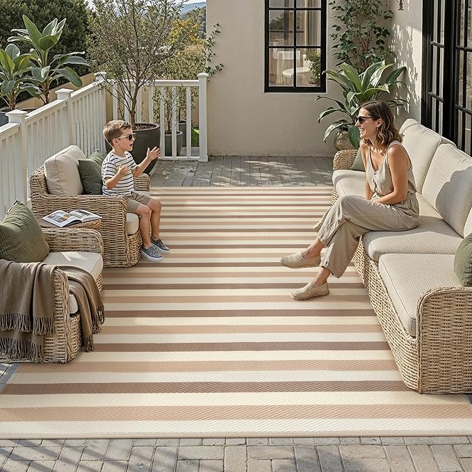 PureCozy Outdoor Waterproof Patio Rug 9x12 Plastic Straw Reversible Outside Beige Striped Carpet Lightweight Large Rug for Camping RV Porch Deck Balcony Beach - Image 2