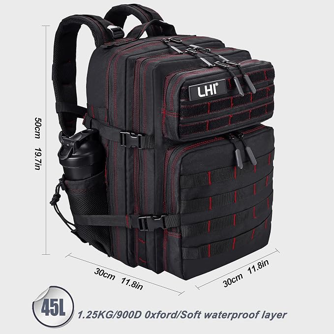 LHI Military Tactical Backpack for Men and Women 45L Army 3 Days Assault Pack Bag Large Rucksack with Shoe Compartment - Black red line - Image 2