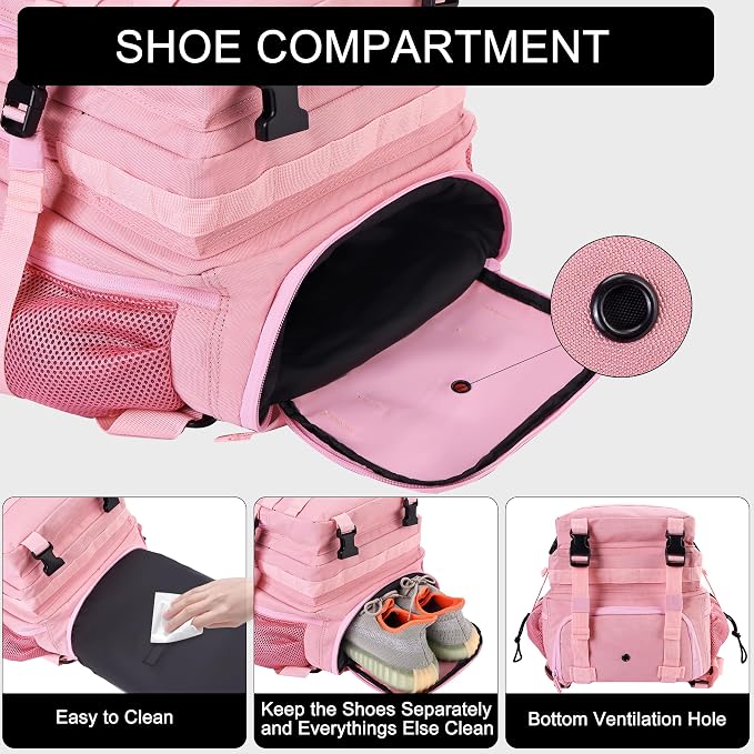 LHI Military Tactical Backpack for Men and Women 45L Army 3 Days Assault Pack Bag Large Rucksack with Shoe Compartment - Pink - Image 3