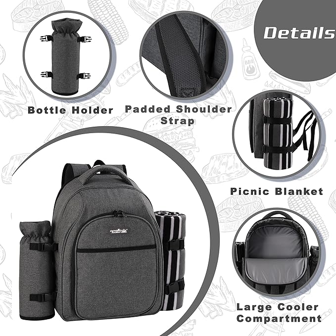 apollo walker Picnic Backpack Bag for 2 Person with Cooler Compartment, Detachable Bottle/Wine Holder, Fleece Blanket, Plates and Cutlery Set (2Person,Grey) - Image 6
