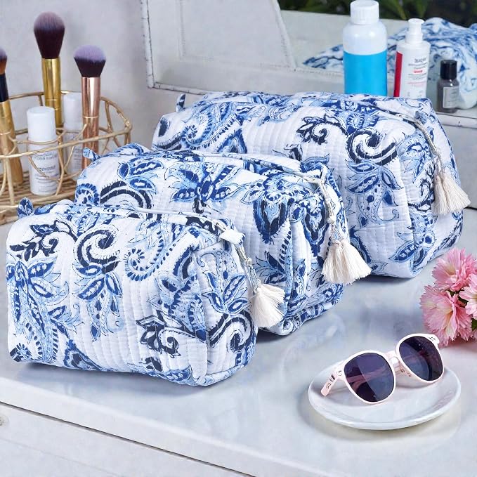 Quilted Floral Block Print Makeup Bag Set of 3 – Cotton Travel Toiletry and Makeup Organizer, Cosmetic Pouch, Toiletry Bag for Women, Cute Boho Coquette Make Up Bags for Women (Small, Medium, Large) - Image 9