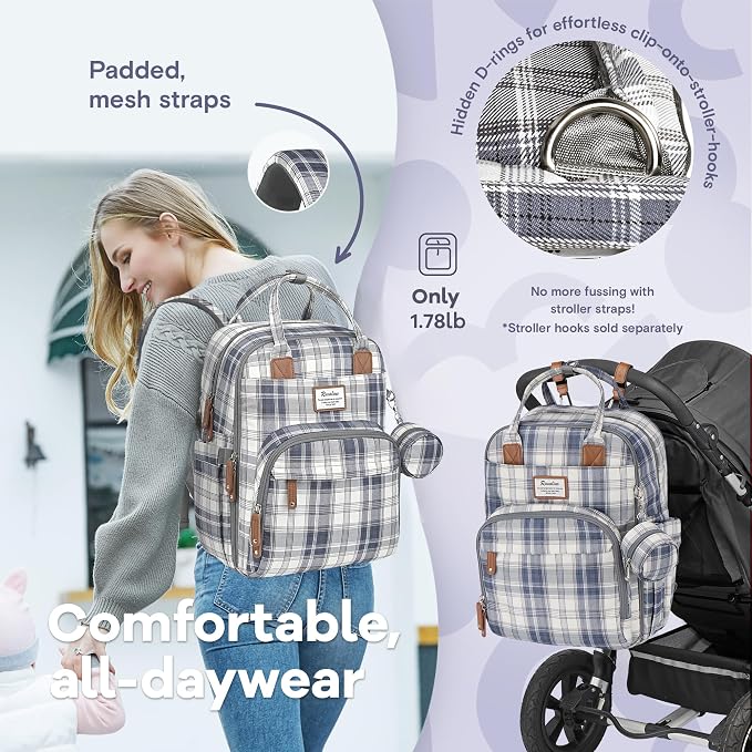 RUVALINO Diaper Bag Backpack, Multifunction Travel Pack Maternity Baby Changing Bags, Large Capacity, Waterproof, Blue Plaid - Image 6
