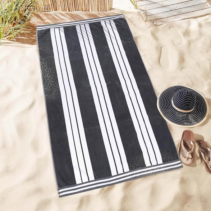 Superior Oversized Cotton Beach Towel Set of 2, Absorbent Towels For Bathroom, Beach, Pool, Swim, Adults, Kids, Vacation, Travel, Bath Sheet, Quick Dry Basics, Trip Essentials, Striped Decor, Charcoal - Image 8