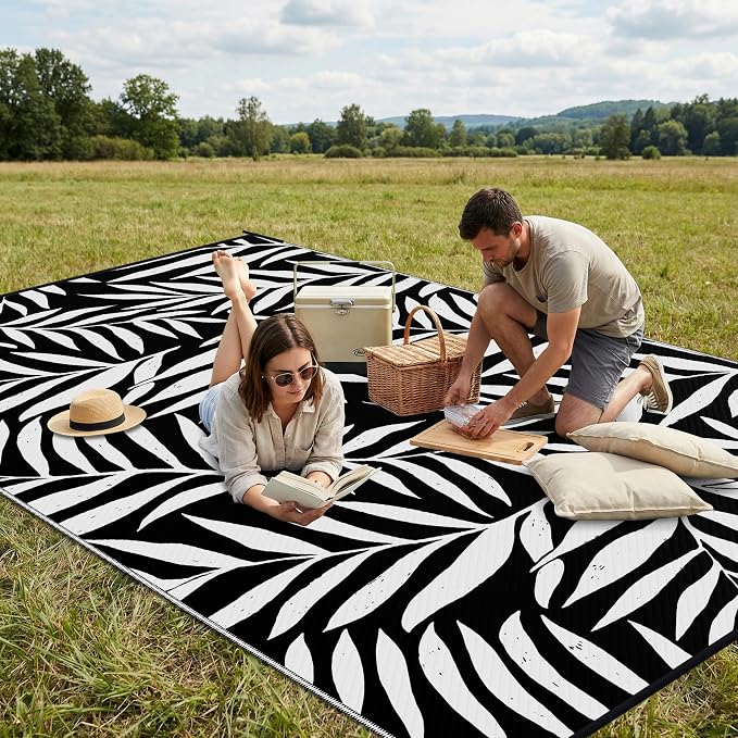 Smiry Outdoor Rug 9x12 ft, Waterproof Reversible Plastic Straw Rugs, Outdoor Area Rug with Leaf Pattern, Outside Floor Mat for Patio, Backyard, Deck, Picnic, Beach, Camping, Black & White - Image 4