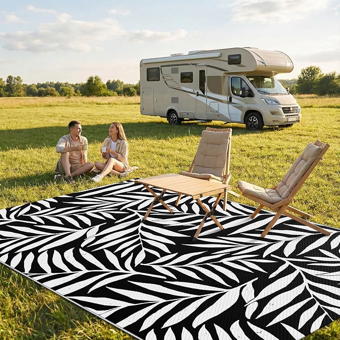Smiry Outdoor Rug 5x8 ft, Waterproof Reversible Plastic Straw Rugs, Outdoor Area Rug with Leaf Pattern, Outside Floor Mat for Patio, Backyard, Deck, Picnic, Beach, Camping, Black & White - Image 2