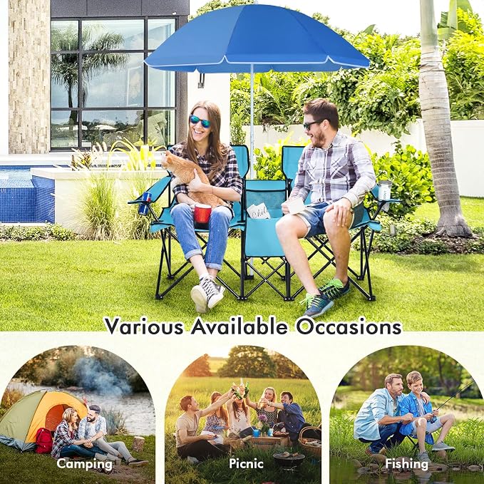 Goplus Double Camping Chair with Umbrella, Folding Loveseat Chairs w/Canopy Shade, Carrying Bag, Table, Cup Holder, Portable Beach Chairs Outdoor Picnic Patio (Turquoise) - Image 9