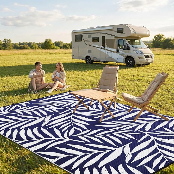 Smiry Outdoor Rug 6x9 ft, Waterproof Reversible Plastic Straw Rugs, Outdoor Area Rug with Leaf Pattern, Outside Floor Mat for Patio, Backyard, Deck, Picnic, Beach, Camping, Navy & White - Image 2