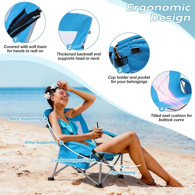 HaSteeL Low Beach Chairs for Adults, Lightweight Camping Folding Chair with Carrying Bag, Portable for Outdoors Lawn Backyard Patio RV Trip Fishing Sport Tailgating, Support 300LBS, Blue, 2 Pack - Image 5