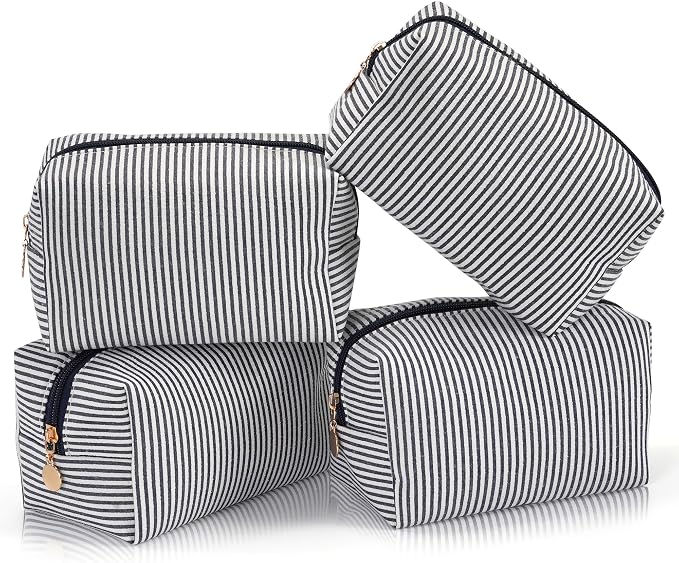 Makeup Bag Set for Women, 4PCS Travel Cosmetic Bags Pencil Case, Striped Seersucker Toiletry Organizer Pouches, Cute Makeup Pouch for Purse, Accessories and Gifts, Navy by Unknown