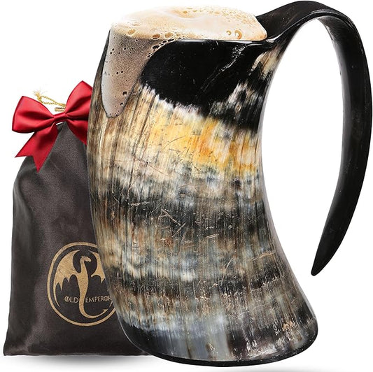 OLDEMPEROR Viking Drinking Horn Mug -16 Oz - Chirstmas Gifts for Men, Women, Dad, Husband - Unique Handmade for Hot & Cold - Food Grade Medieval Style Ale Beer & Mead Cup