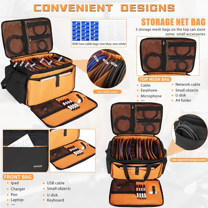 AKOZLIN Cable File Bag with Detachable Dividers for DJ Gear, Sound Instrument Accessories - Image 2