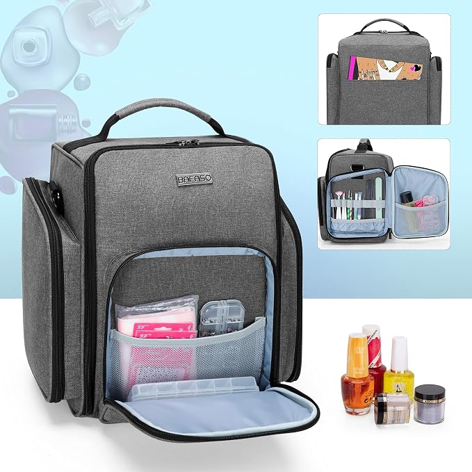 BAFASO Nail Polish Organizer Holds 72 Bottles (15ml - 0.5 fl.oz), Gray | Large Nail Polish Case with 3 Removable Pouches and Multiple Storage Sections, Patented Design. - Image 3