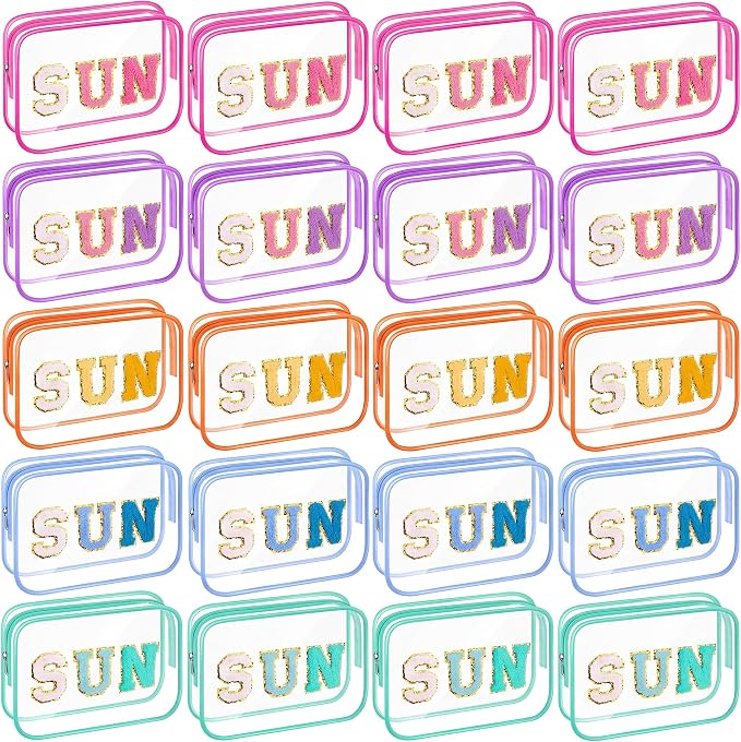 Kacctyen 20 Pcs Clear Sun Makeup Bags Bulk 5 Colors Sunscreen Pouch Beach Pool Waterproof Toiletry Cosmetic Bags Set Preppy Chenille Letter Patch Zip Organizer Girls Summer Vacation Gifts Essentials by Kacctyen