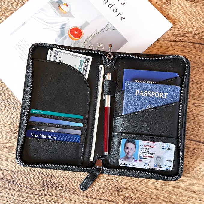 Polare Napa Leather Passport Holder With YKK Zipper RFID Blocking Travel Document Organizer Ticket Holder Cover Case Holds 2 Passports (Black) - Image 3