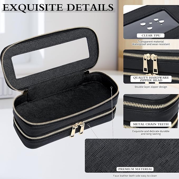 Double Layer Makeup Bag Makeup Brush Case Waterproof Travel Cosmetic & Toiletry Bag Purse Organizer and Car Essentials for Women (Black, 2-Layer SLIM) - Image 6