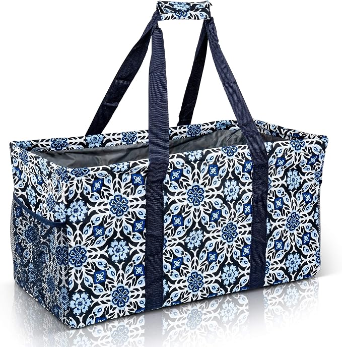 Extra Large Utility Tote Bag - Oversized Collapsible Reusable Wire Frame Rectangular Canvas Basket With Two Exterior Pockets For Beach, Pool, Laundry, Car Trunk, Storage - Blue Snowflake by Lucazzi