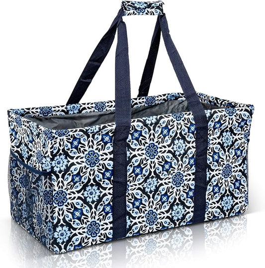 Extra Large Utility Tote Bag - Oversized Collapsible Reusable Wire Frame Rectangular Canvas Basket With Two Exterior Pockets For Beach, Pool, Laundry, Car Trunk, Storage - Blue Snowflake by Lucazzi