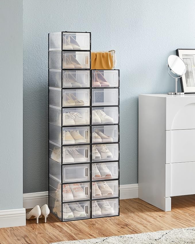 SONGMICS Shoe Boxes, Pack of 18 Shoe Storage Organizers, Stackable Clear Plastic Boxes for Closet, Sneakers, 13.1 x 9.1 x 5.6 Inches, Transparent and Black ULSP18SBKV1 - Image 3