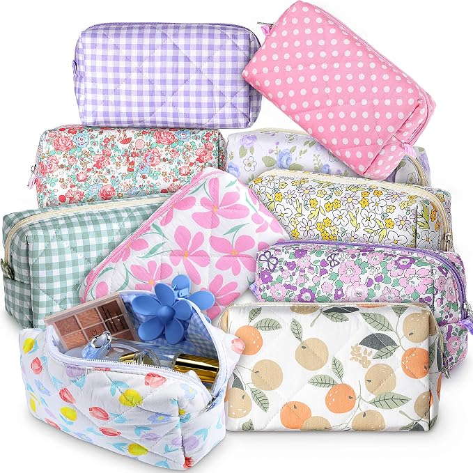 Paterr 10 Pcs Quilted Makeup Bag Bulk Cotton Floral Cosmetic Bag Women Girls Bridesmaid Gifts Cute Makeup Pouch Coquette Aesthetic Travel Toiletry Organizer(Gingham Floral,7.87 x 4.72 x 3.15 Inches) by Paterr