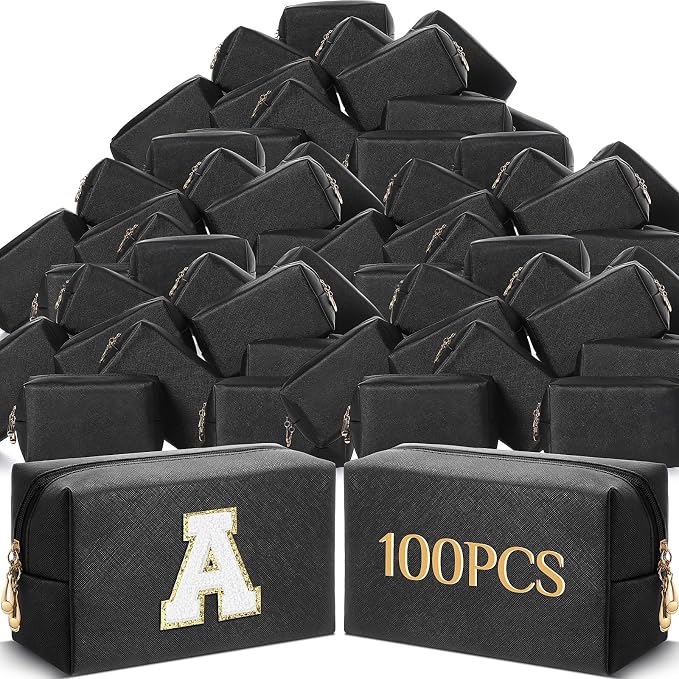 100 Pack Aesthetic Makeup Bags Bulk PU Leather Cosmetic Pouches Waterproof Toiletry Bags Makeup Pouches Bulk for Teen Girls Women Party Gift Travel Storage Back to Teacher Gift (Black) by Cunno