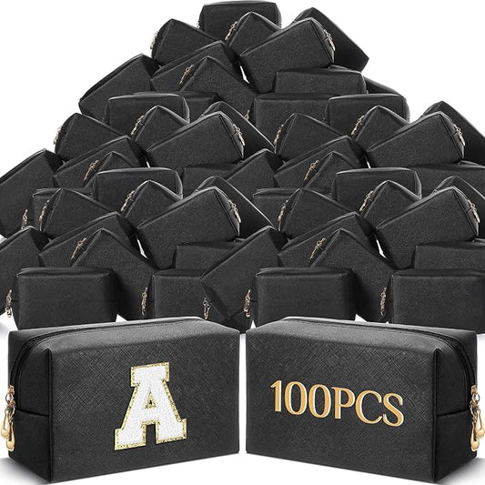 100 Pack Aesthetic Makeup Bags Bulk PU Leather Cosmetic Pouches Waterproof Toiletry Bags Makeup Pouches Bulk for Teen Girls Women Party Gift Travel Storage Back to Teacher Gift (Black) by Cunno