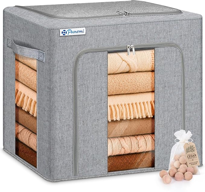 punemi Cashmere Sweater Storage Bag with Natural Cedar Balls & Steel Frame, 50L Garment Storage Bag with Clear Window, Closet Organizer for Cashmere, Wool Sweaters & Knitwear,16.5x12.6x15in, Grey by Punemi