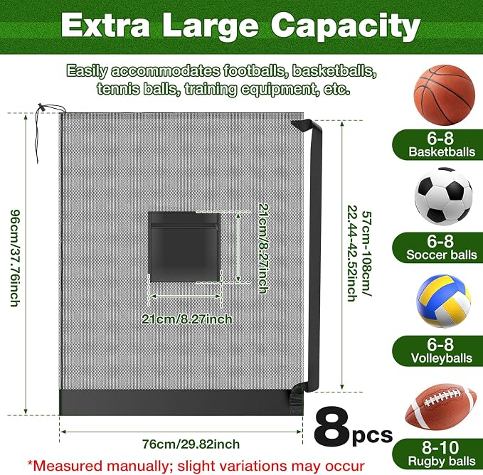 8 Pack Large Mesh Sports Bag,37 Inch Breathable Polyester Mesh Storage Bag with Adjustable Shoulder Strap & Outside Pocket,Foldable Drawstring Bag for Gym, Soccer,Basketball,Laundry,Travel,Camping - Image 2