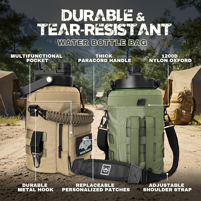 NATURE PIONEOR 128oz/1 Gallon Tactical Water Bottle with MOLLE Bottle Pouch | 18/8 Food-grade Stainless Steel, Double Vacuum Insulation, Wide-Mouth, Straw & Spout Lid, Strap, Camping, Hiking, Gym, Work - Image 3