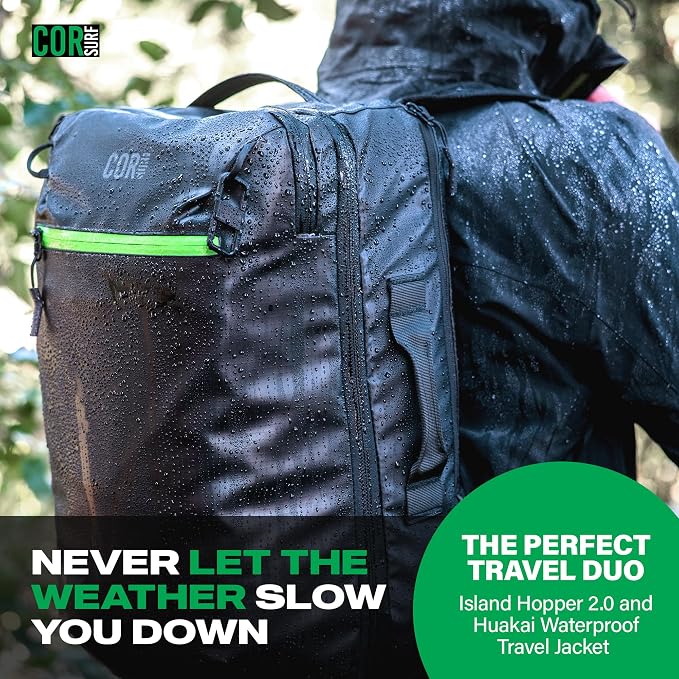 COR Surf Carry On Travel Backpack Bundle | Island Hopper Travel Backpack with Toiletry Bag and Compression Packing Cube Set (34L 2.0, Black with Green Zipper) - Image 9