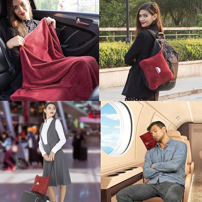 BlueHills Premium Soft Travel Blanket Pillow Airplane 2 in 1 Combo Warm Red | 2 in 1 Airplane Blanket Pillow in Soft Bag Pillowcase, Hand Luggage Belt & Backpack Clip, Travel Essentials for Long Flights - Image 3