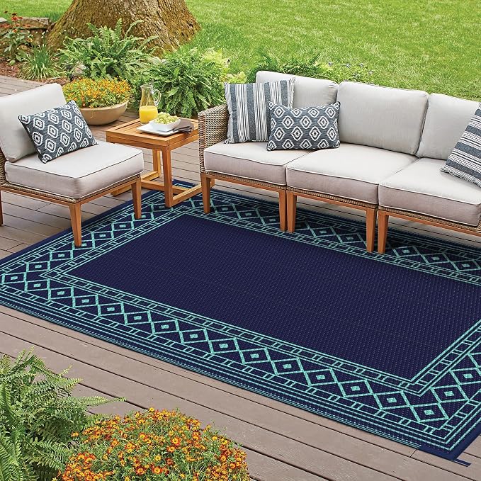 GENIMO Outdoor Rug, Waterproof Plastic Rugs for Patio, 5'x8' Blue Green | Outside Larger Modern Carpet Mat for Porch Decor, Deck, Balcony, Camping, RV, Backyard, Picnic, Beach, Reversible - Image 5