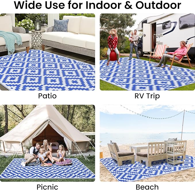 Smiry Waterproof Outdoor Rug 6x9 ft, Reversible Plastic Straw Patio Camping Rugs, Outdoor Indoor RV Mat Carpet for Patio, Outside Entry, Backyard, Deck, Bench, Picnic, Camper, White & Blue - Image 7