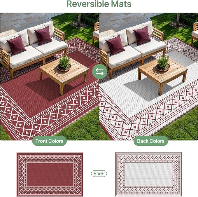 GENIMO Outdoor Rug, Waterproof Plastic Rugs for Patio, 6'x9' Red White | Outside Larger Modern Carpet Mat for Porch Decor, Deck, Balcony, Camping, RV, Backyard, Picnic, Beach, Reversible - Image 4