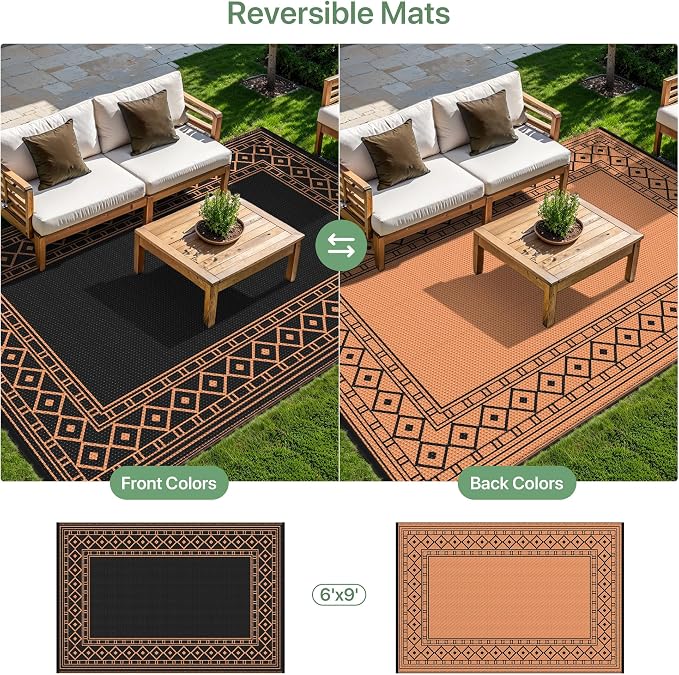 GENIMO Outdoor Rug, Waterproof Plastic Rugs for Patio, 6'x9' Blcak Orange | Outside Larger Modern Carpet Mat for Porch Decor, Deck, Balcony, Camping, RV, Backyard, Picnic, Beach, Reversible - Image 4