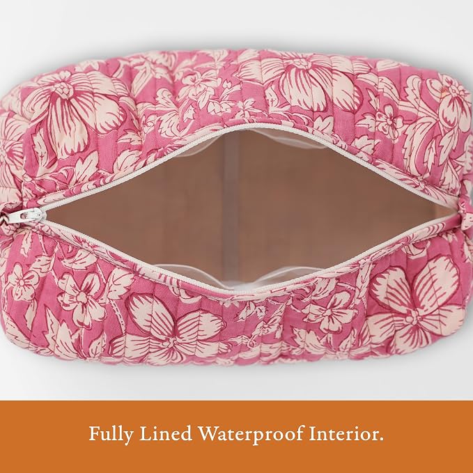 Saffron Marigold Quilted Makeup Bag Set of 3, Hand Block Printed Cotton Cosmetic Bags for Women, Waterproof Lined Travel Toiletry Bag, Coquette Floral Aesthetic, Handmade Gift, Mauve Mist Oleander - Image 5
